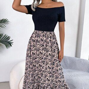Printed Off-Shoulder Ruffle Hem Dress